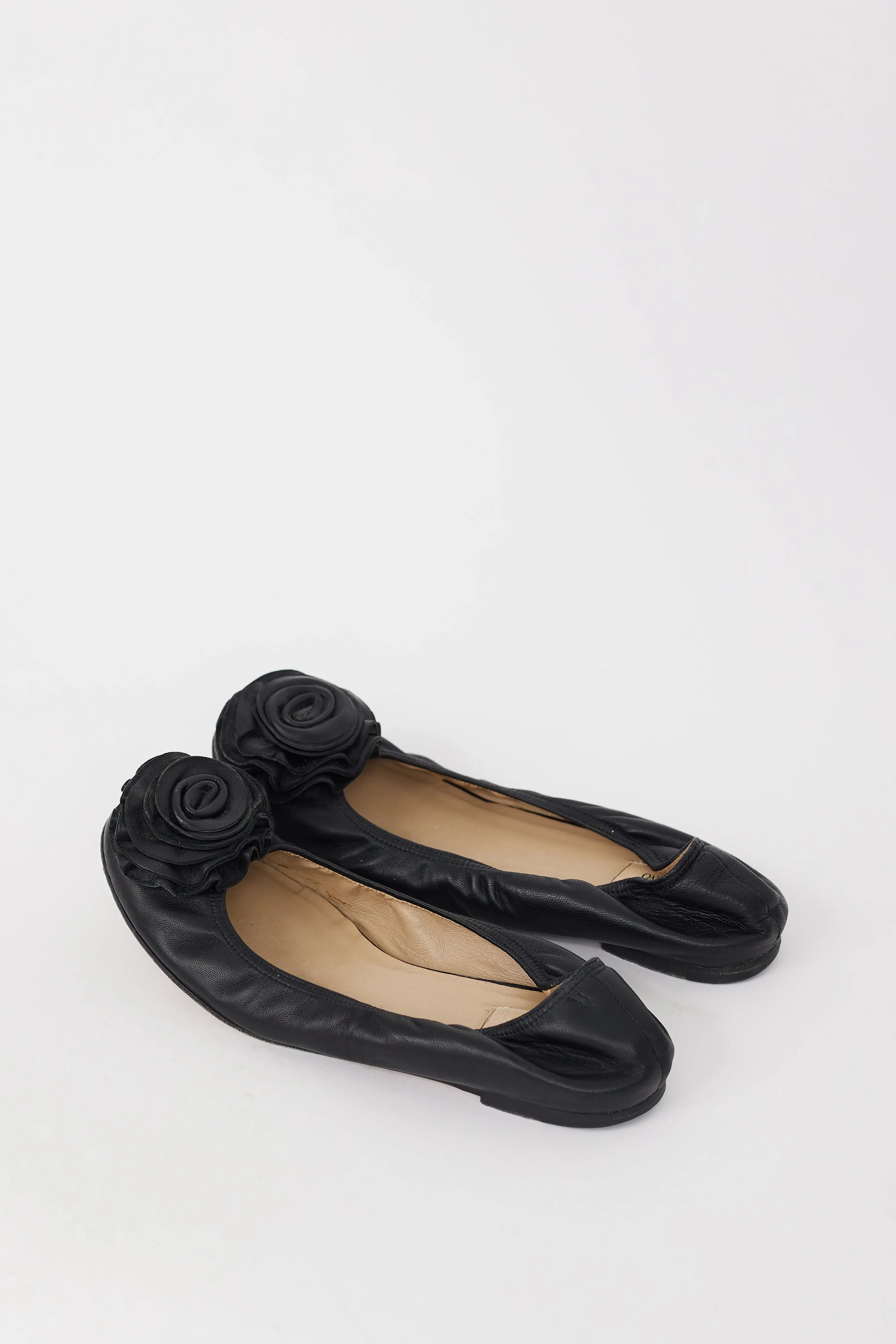 Black Leather Flower Toe Ballet Flat