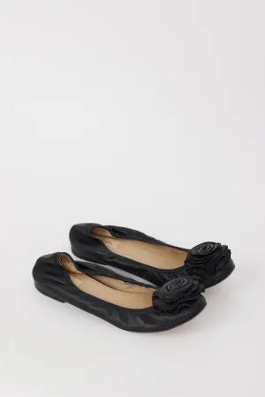 Black Leather Flower Toe Ballet Flat