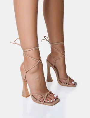 Brightside Nude Strappy Tie Up Square Toe Flared Heels