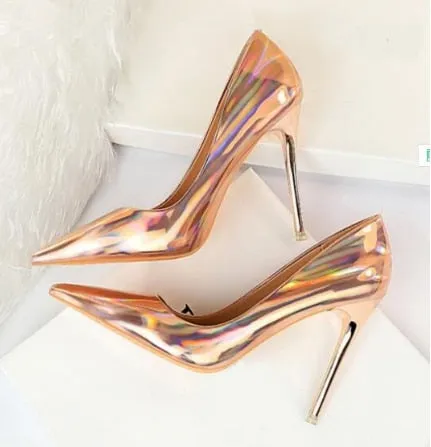 Fluorescent Iridescent Silver Stiletto Heels Pointed Toe  Patent Leather Dress Shoes