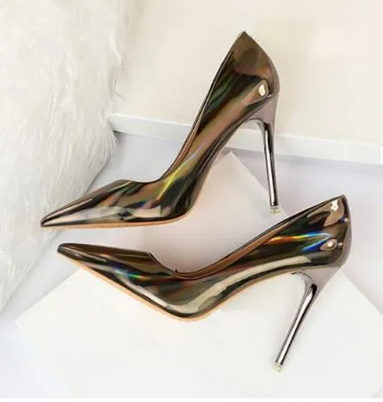 Fluorescent Iridescent Silver Stiletto Heels Pointed Toe  Patent Leather Dress Shoes