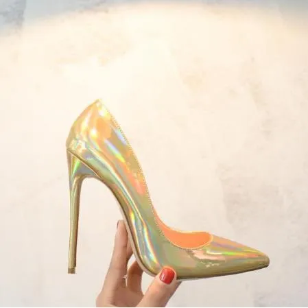 Fluorescent Iridescent Silver Stiletto Heels Pointed Toe  Patent Leather Dress Shoes