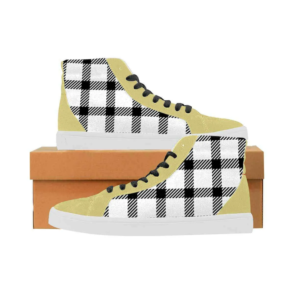 Sneakers For Men, Black And White Buffalo Plaid High Top Sports Shoes