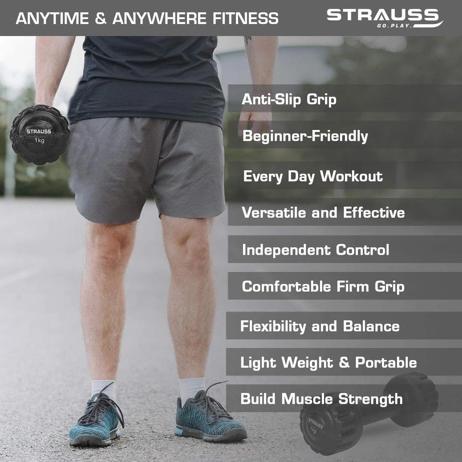 Strauss Unisex PVC Dumbbells Weight for Men & Women | 1Kg (Each)| 2Kg (Pair) | Ideal for Home Workout and Gym Exercises (Black)