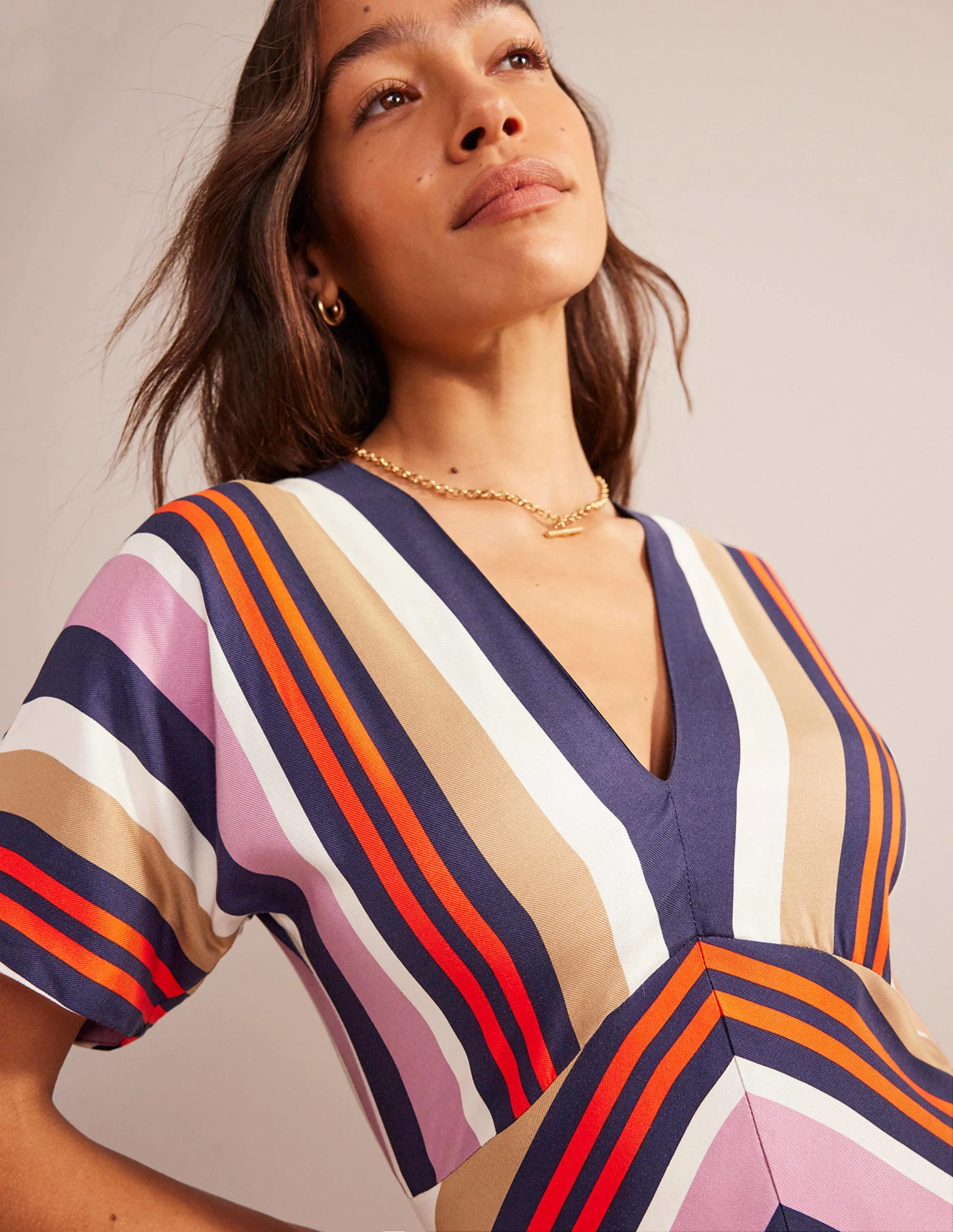 V-Neck Satin Midi Dress-Multi Stripe