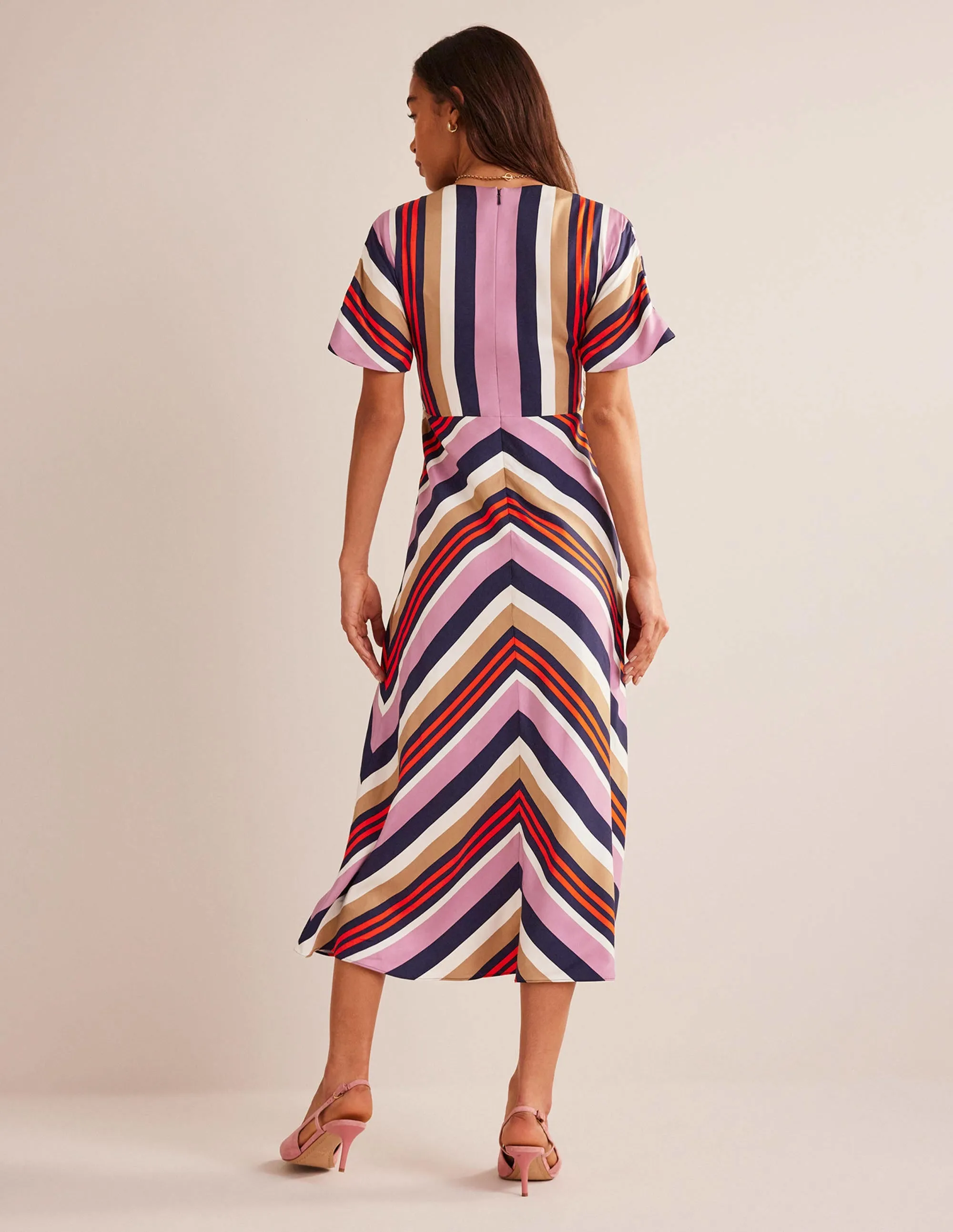V-Neck Satin Midi Dress-Multi Stripe