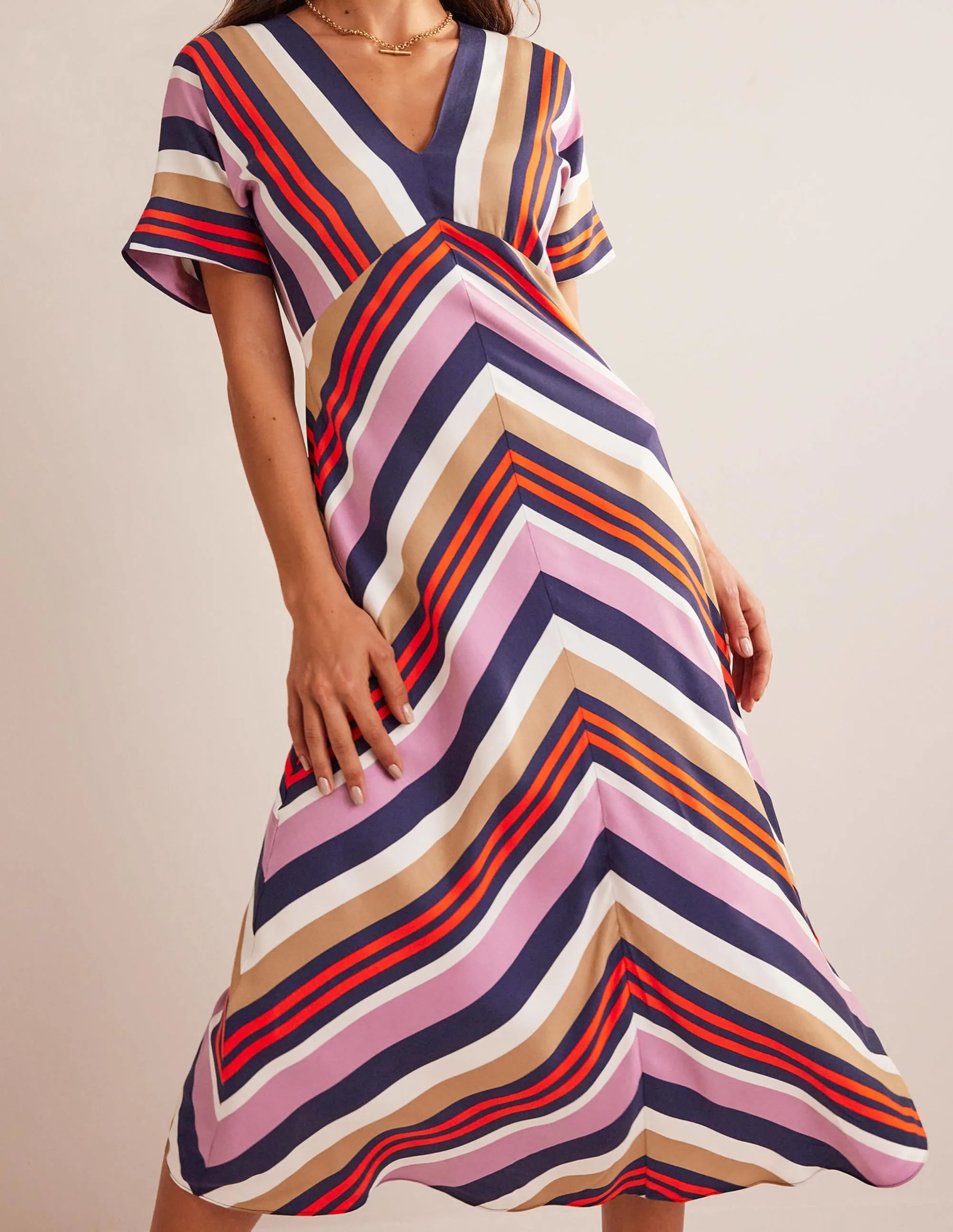 V-Neck Satin Midi Dress-Multi Stripe
