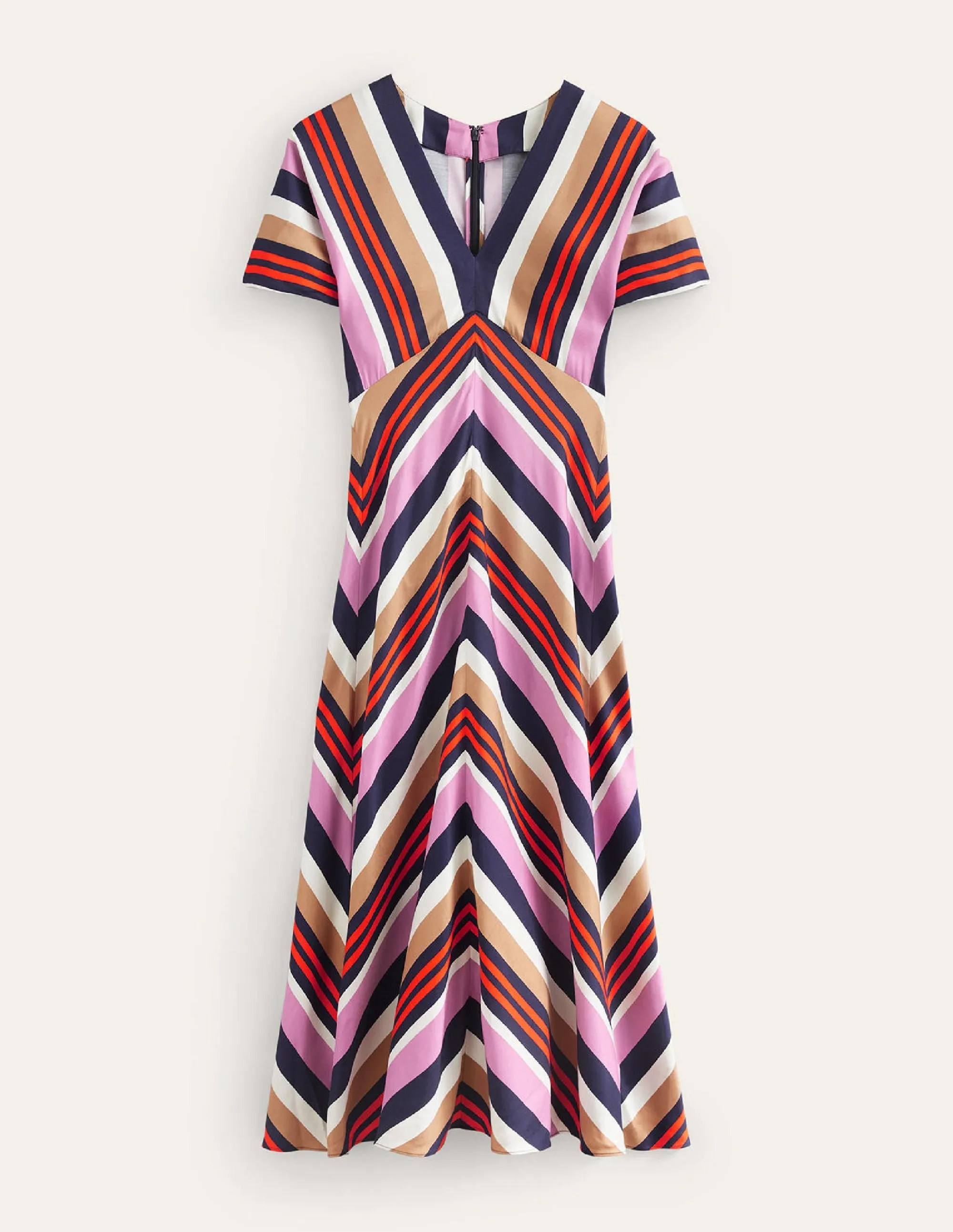 V-Neck Satin Midi Dress-Multi Stripe