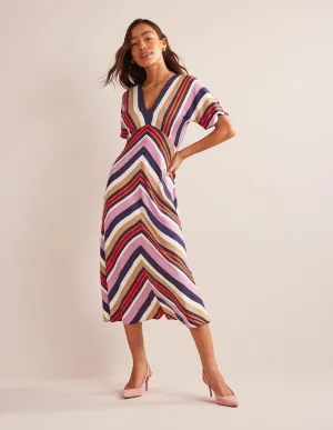 V-Neck Satin Midi Dress-Multi Stripe