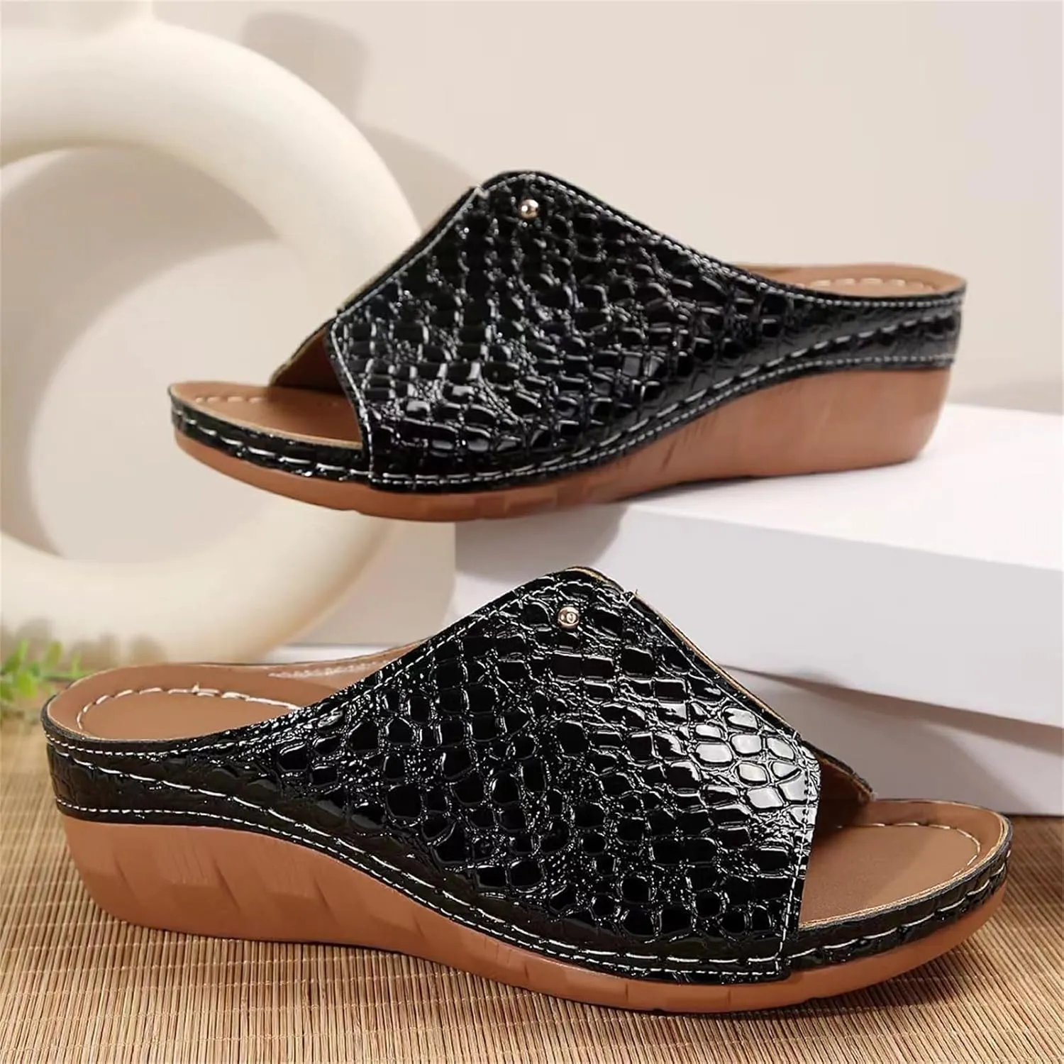 Wedge Sandals for Women Dressy Summer Slip on Comfortable Walking Slides Orthopedic Arch Support Slippers Low Heel Platform Shoes Lightweight Casual Sandals Damping Sole