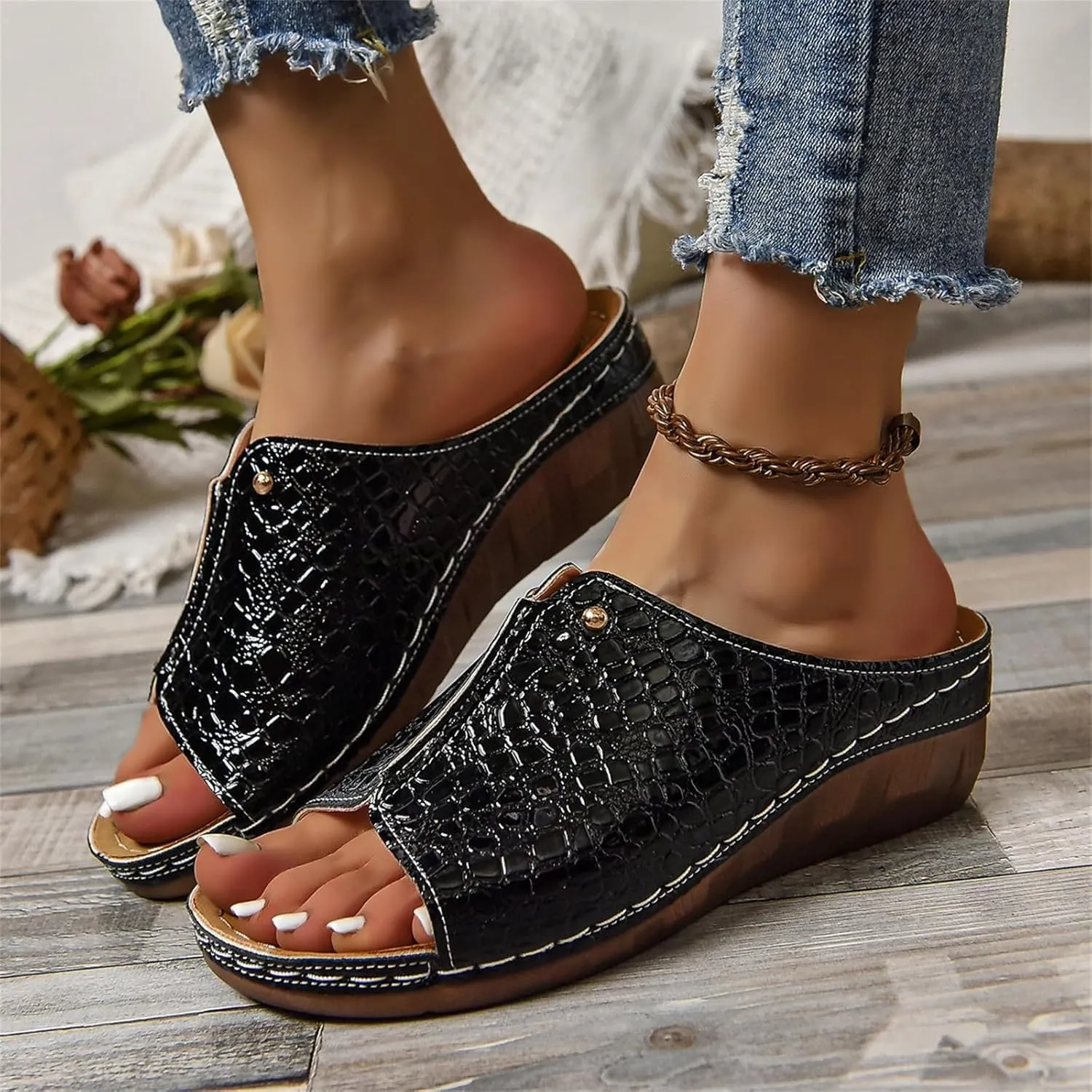 Wedge Sandals for Women Dressy Summer Slip on Comfortable Walking Slides Orthopedic Arch Support Slippers Low Heel Platform Shoes Lightweight Casual Sandals Damping Sole