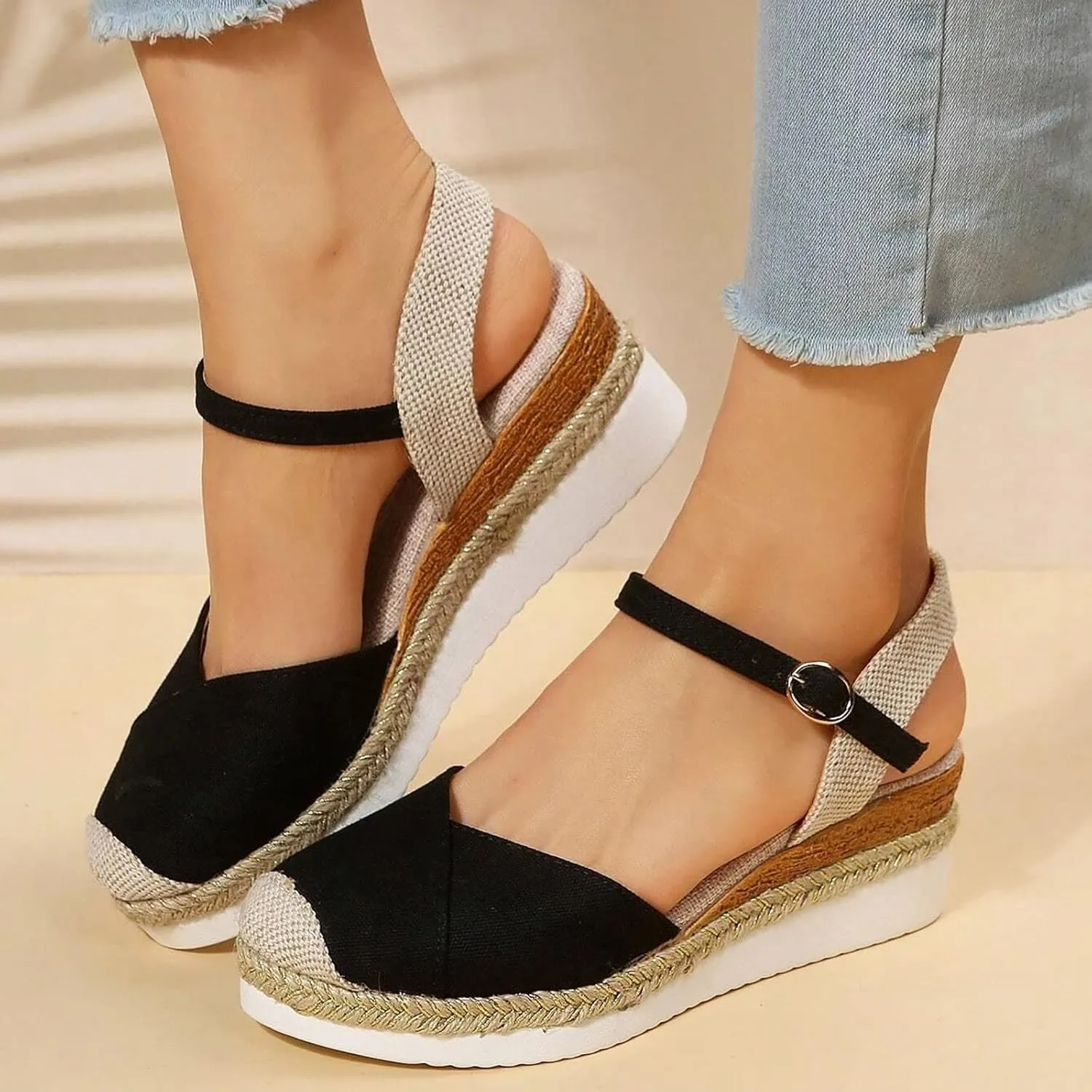Women's Closed Toe Crisscross Elastic Ankle Strap Platform Espadrille Wedge Sandals Vacation Slingback Court Wedges For Women Canvas Espadrille Wedge Shoes
