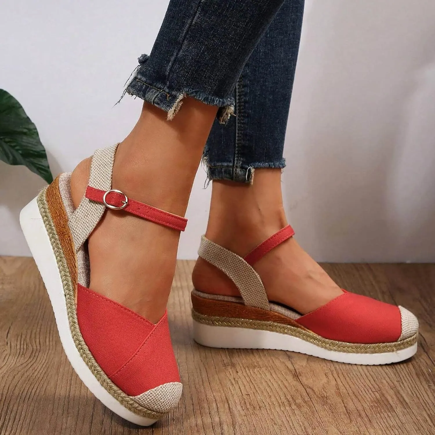 Women's Closed Toe Crisscross Elastic Ankle Strap Platform Espadrille Wedge Sandals Vacation Slingback Court Wedges For Women Canvas Espadrille Wedge Shoes