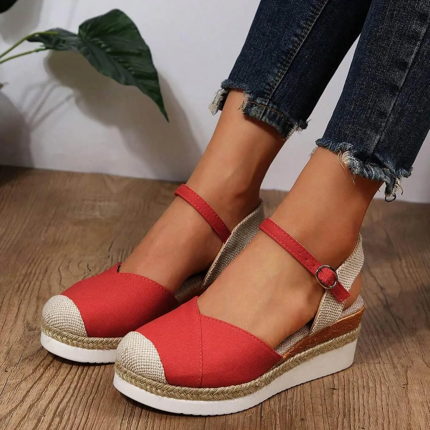 Women's Closed Toe Crisscross Elastic Ankle Strap Platform Espadrille Wedge Sandals Vacation Slingback Court Wedges For Women Canvas Espadrille Wedge Shoes