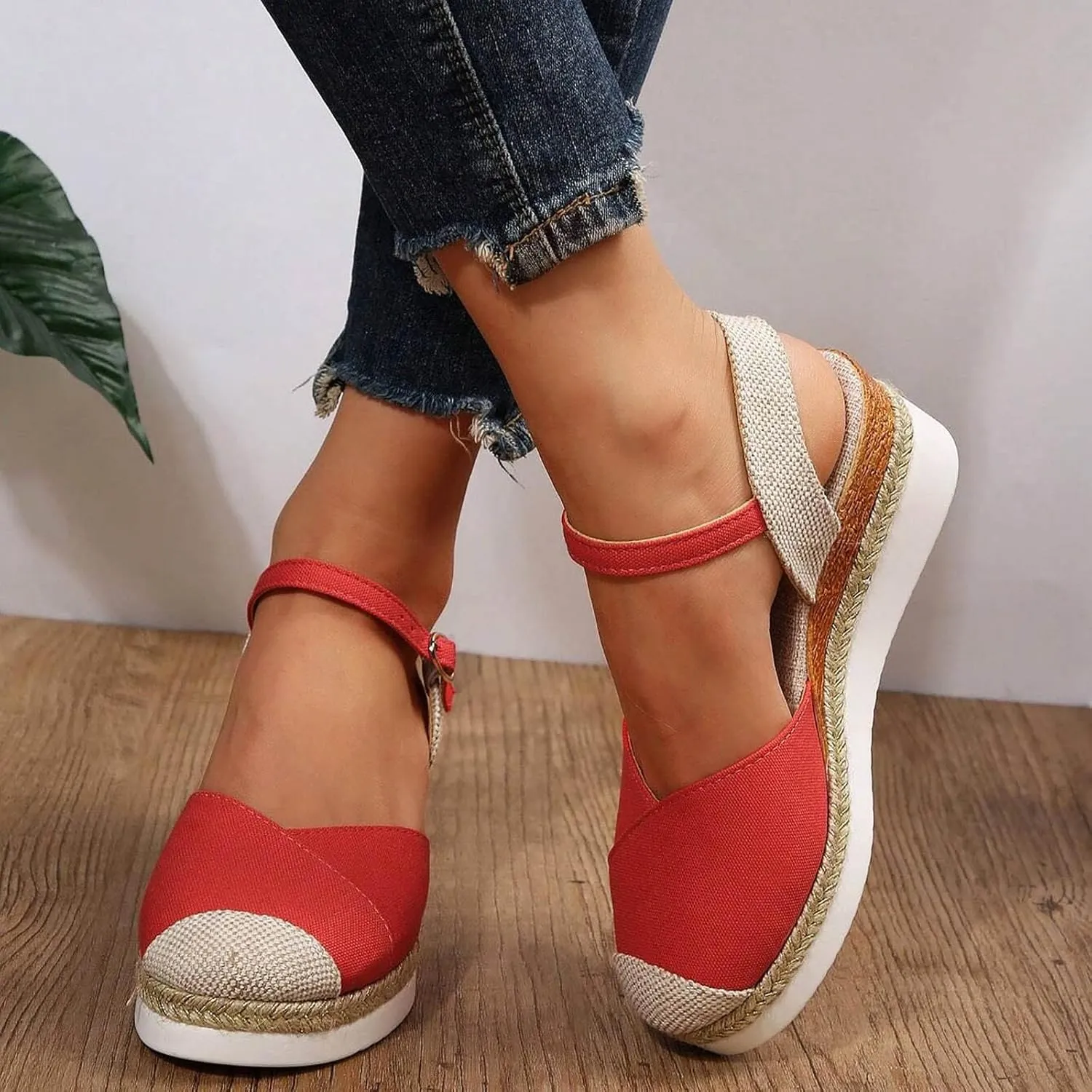 Women's Closed Toe Crisscross Elastic Ankle Strap Platform Espadrille Wedge Sandals Vacation Slingback Court Wedges For Women Canvas Espadrille Wedge Shoes