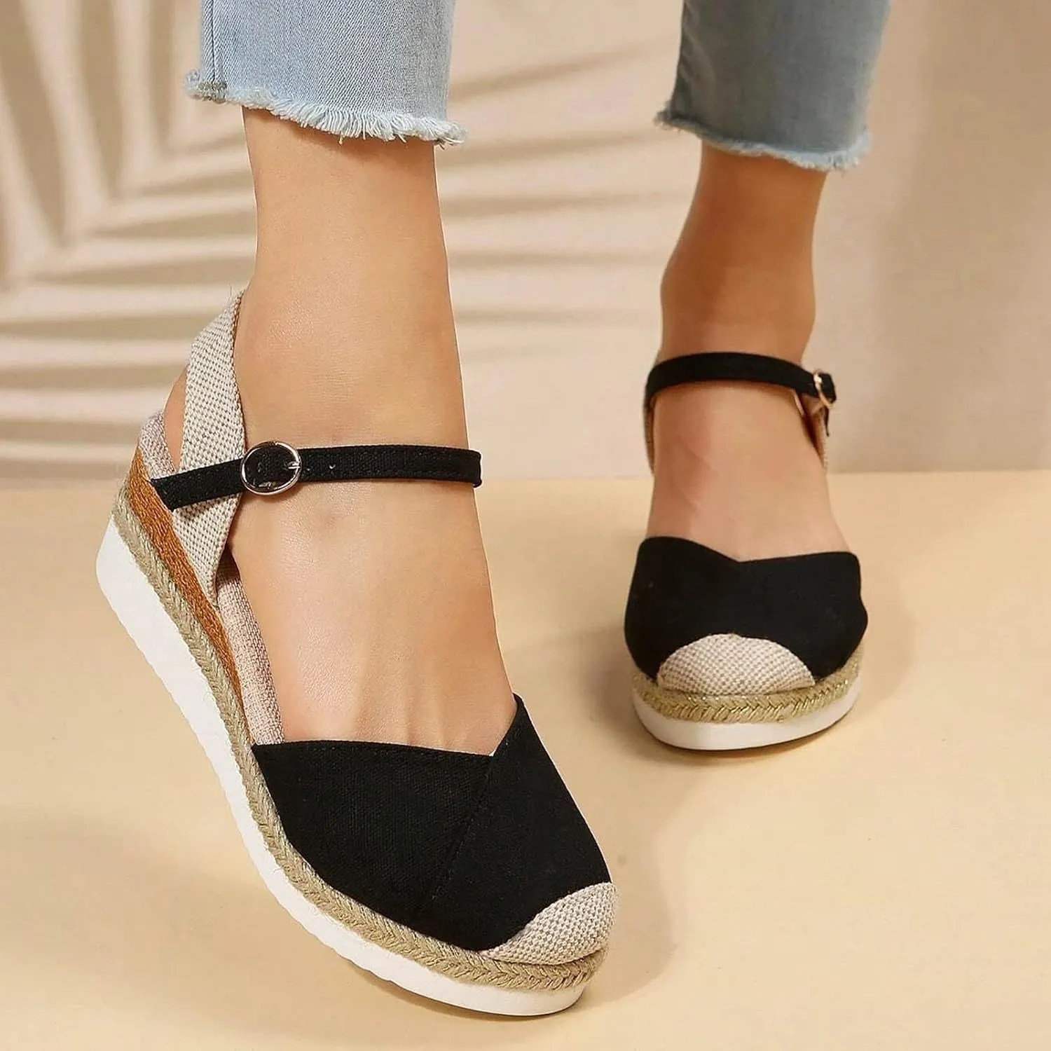Women's Closed Toe Crisscross Elastic Ankle Strap Platform Espadrille Wedge Sandals Vacation Slingback Court Wedges For Women Canvas Espadrille Wedge Shoes