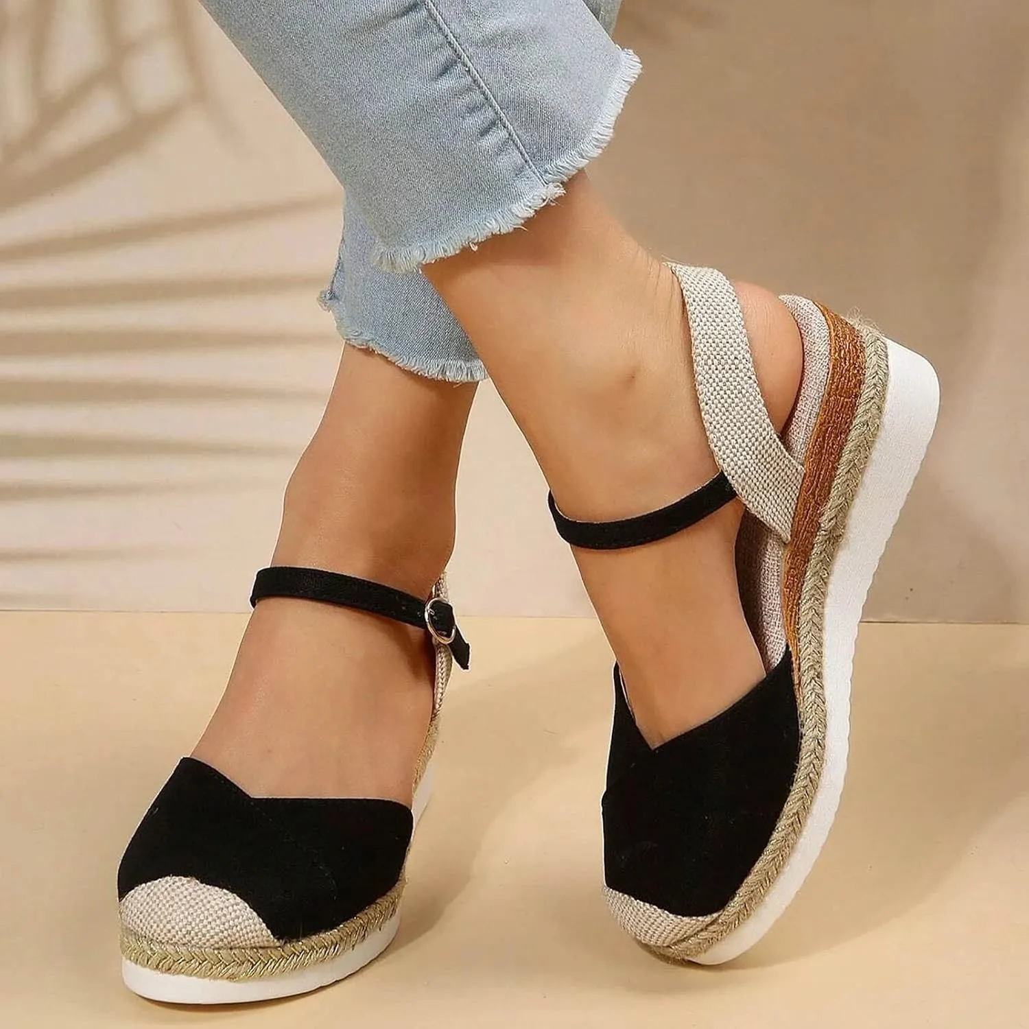 Women's Closed Toe Crisscross Elastic Ankle Strap Platform Espadrille Wedge Sandals Vacation Slingback Court Wedges For Women Canvas Espadrille Wedge Shoes