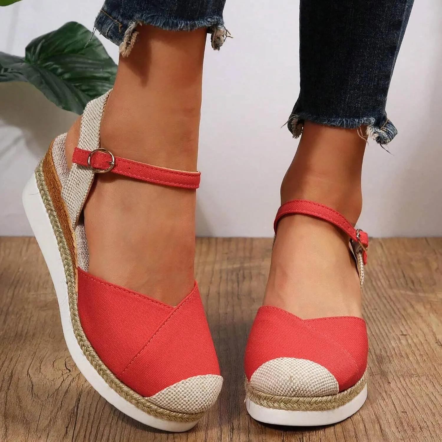 Women's Closed Toe Crisscross Elastic Ankle Strap Platform Espadrille Wedge Sandals Vacation Slingback Court Wedges For Women Canvas Espadrille Wedge Shoes