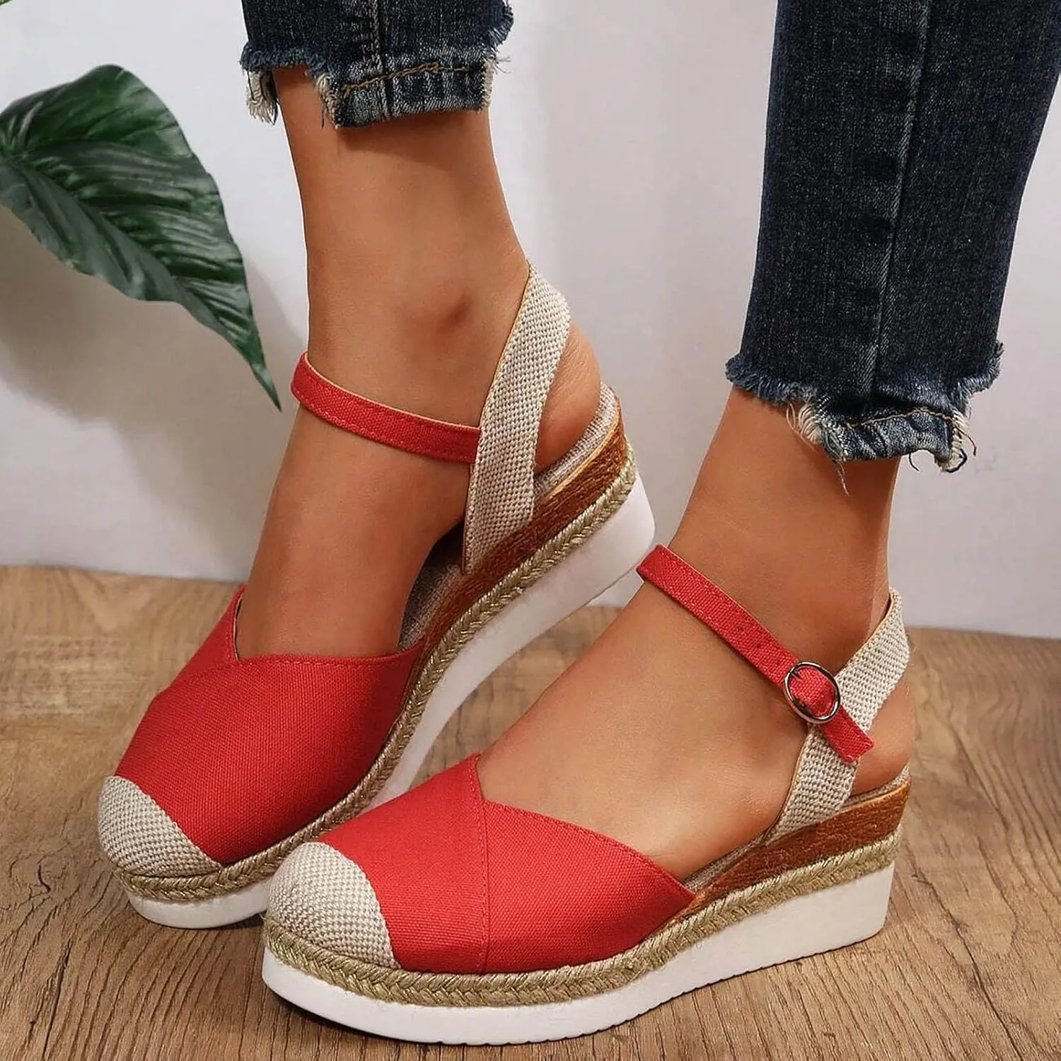 Women's Closed Toe Crisscross Elastic Ankle Strap Platform Espadrille Wedge Sandals Vacation Slingback Court Wedges For Women Canvas Espadrille Wedge Shoes