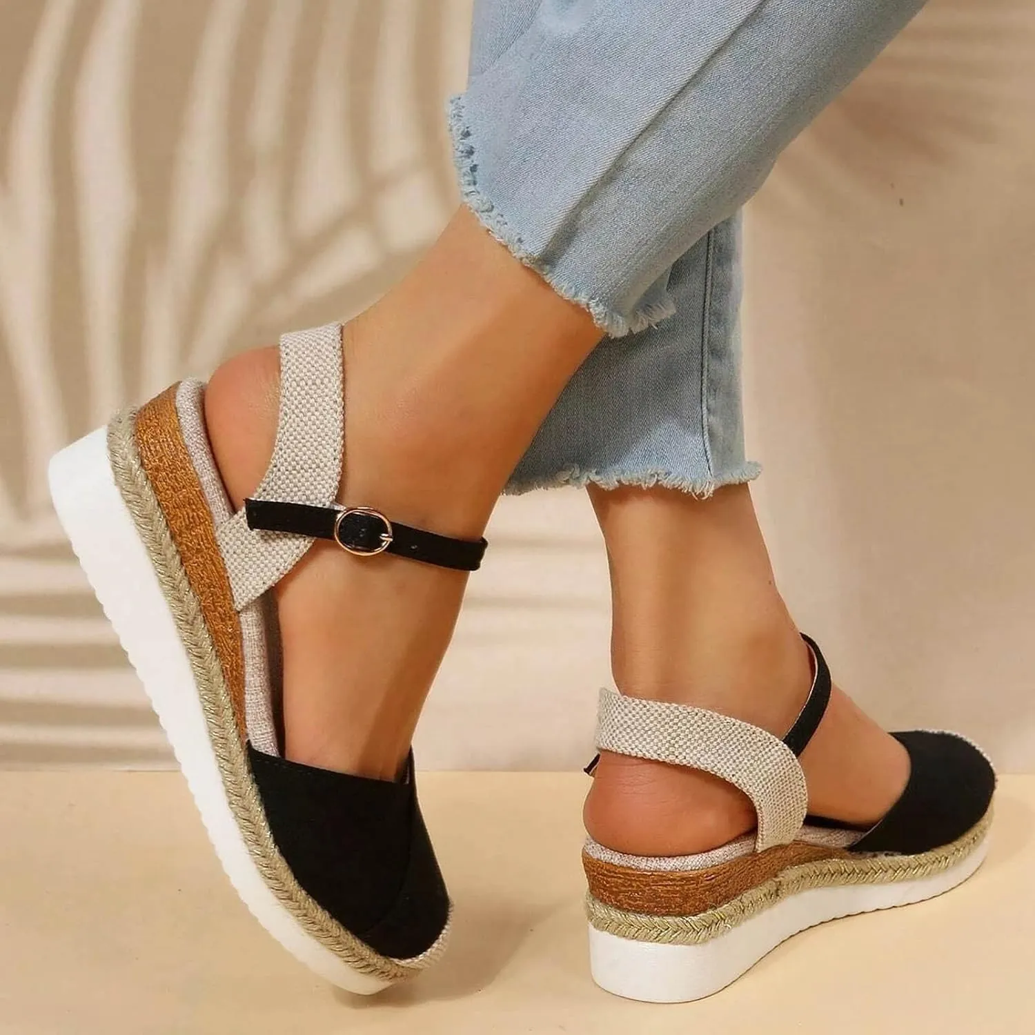 Women's Closed Toe Crisscross Elastic Ankle Strap Platform Espadrille Wedge Sandals Vacation Slingback Court Wedges For Women Canvas Espadrille Wedge Shoes