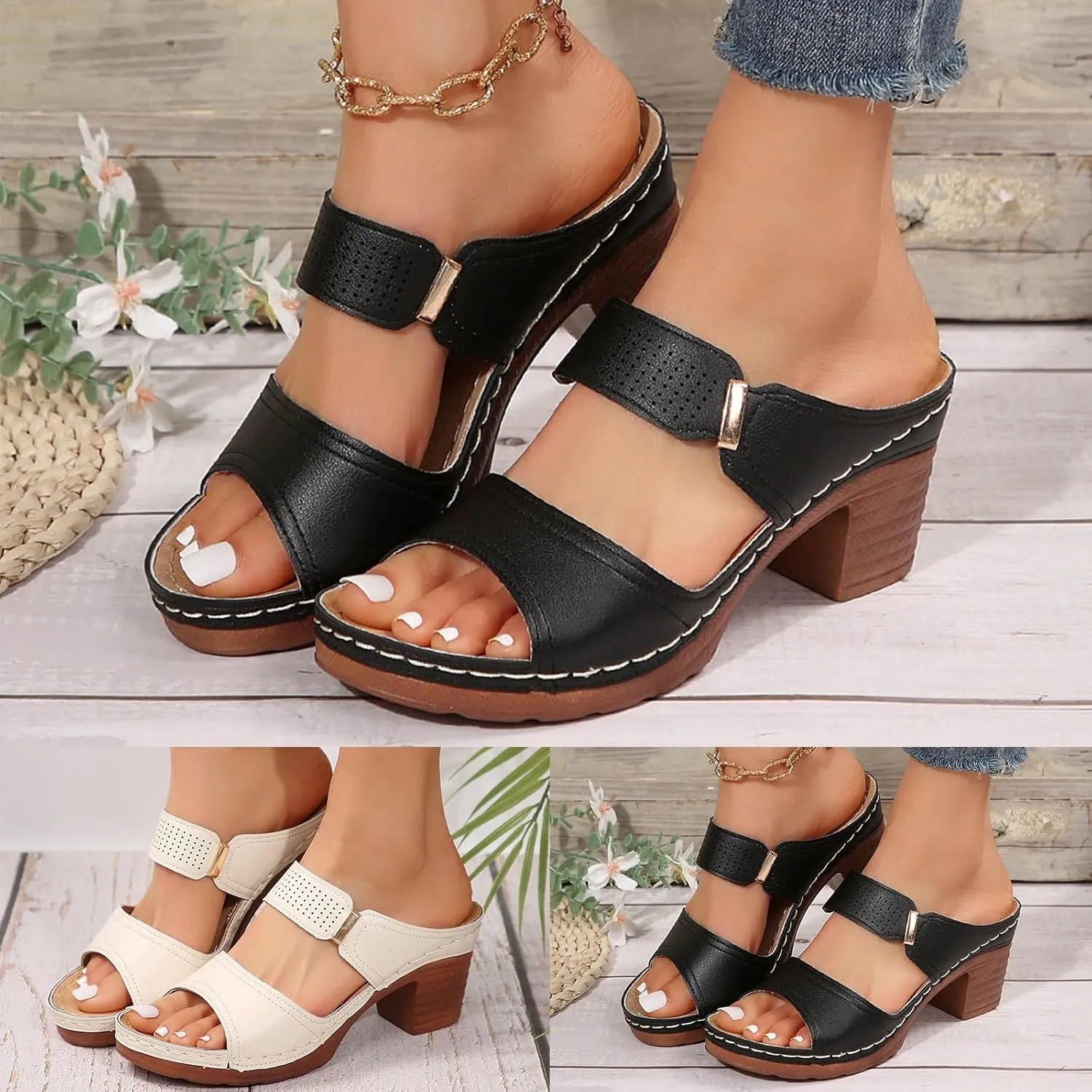 ZSpzx Women's Heeled Sandals Open Toe Heels Backless Mules Slip On Block Womens Chunky Mid Heel Ankle Strap Sandal Summer Comfort Slide Wide Walking Shoes for Party Casual