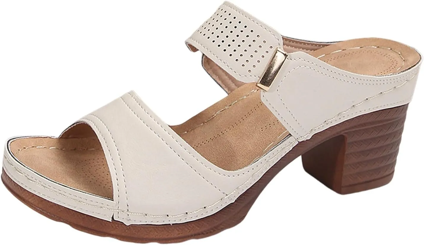 ZSpzx Women's Heeled Sandals Open Toe Heels Backless Mules Slip On Block Womens Chunky Mid Heel Ankle Strap Sandal Summer Comfort Slide Wide Walking Shoes for Party Casual