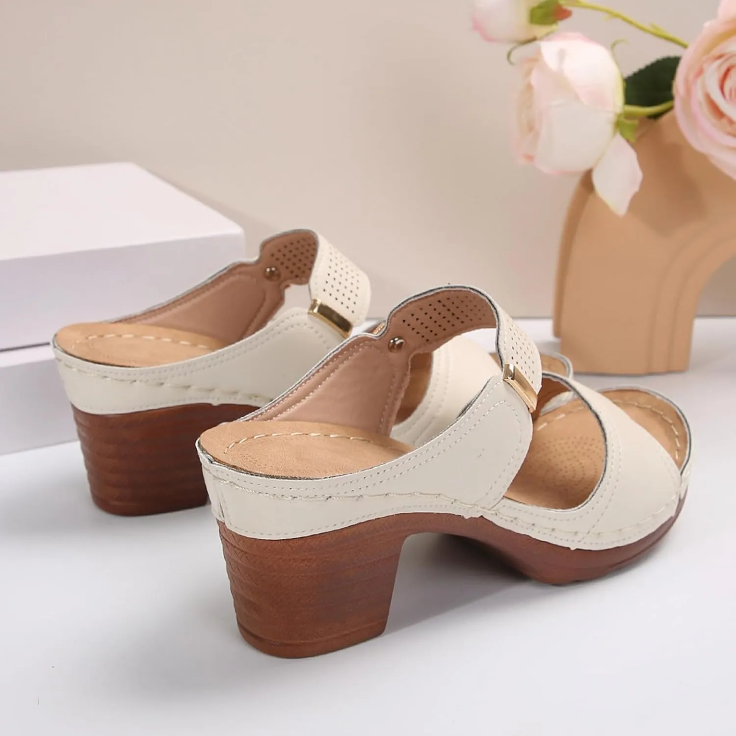 ZSpzx Women's Heeled Sandals Open Toe Heels Backless Mules Slip On Block Womens Chunky Mid Heel Ankle Strap Sandal Summer Comfort Slide Wide Walking Shoes for Party Casual